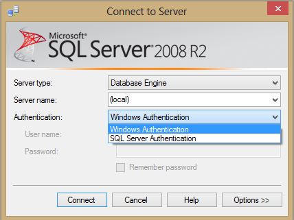 Prihlasovacie okno do aplikacie Microsoft SQL Server 2008R2