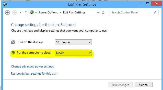 Power options Edit plan Settings