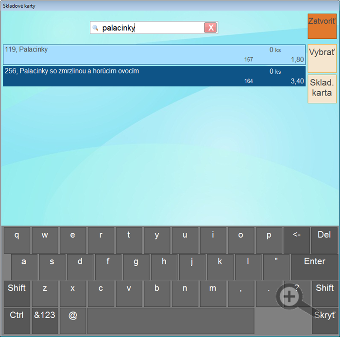POS Pokladňa - výber skladovej karty
