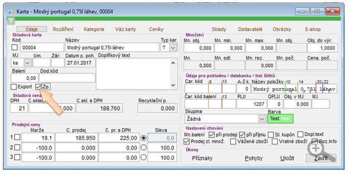 Nastaveni příznaku ZP na skladové kartě.