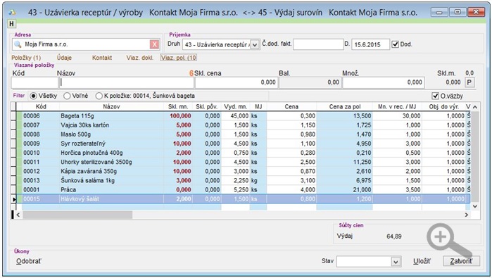 Výroba - viazané položky receptúry po úprave