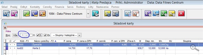 Aplikovaný filter na karty skladom pod užívateľom Administrátor Filter na skladove karty skladom pod uzivatelom Administrator