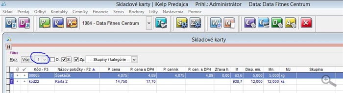Filter na skladove karty skladom pod uzivatelom Administrator