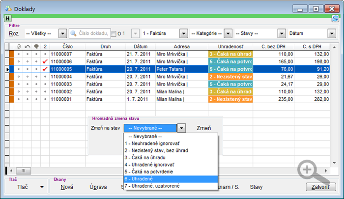 Finančné doklady - ručná hromadná zmena stavu uhradenosti