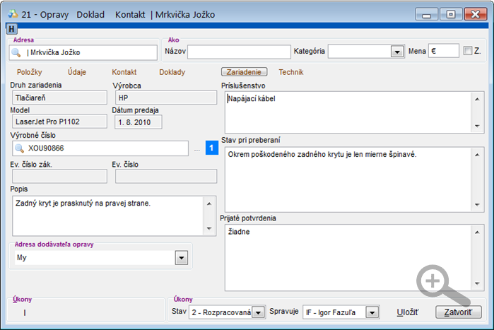 Modul Servis - úprava servisného dokladu - záložka Zariadenie