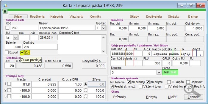 Nastaveni príznaku ZP na skladovej karte.