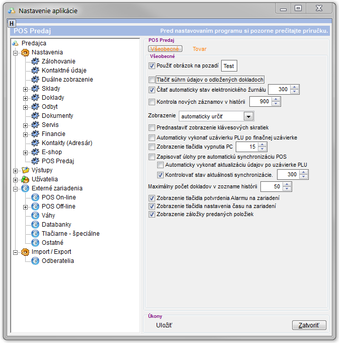 POS Pokladňa - Nastavenia - Všeobecné nastavenia