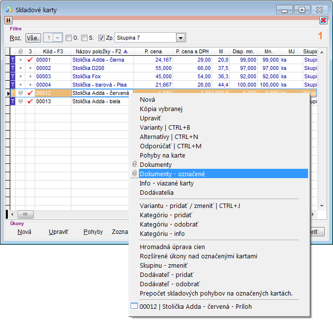 Skladové karty - hromadné otvorenie príloh