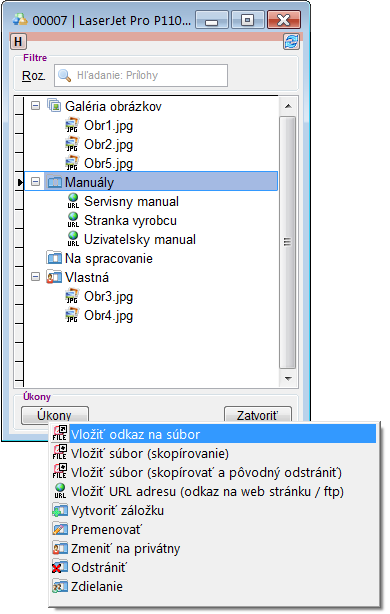 Okno dokumentov a príloh Dokumenty, prílohy ku skladovým kartám, k dokladom, ku kontaktom a k inému.