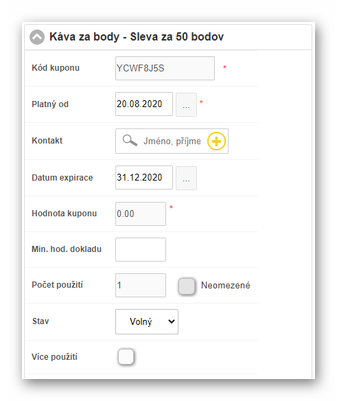 Formulář pro definování pravidel kupónu kampaně Formulář pro definování pravidel kupónu kampaně
