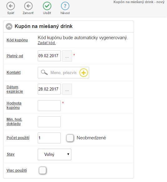 Formulár pre nadefinovanie pravidiel kupónu kampane Formulár pre nadefinovanie pravidiel kupónu kampane