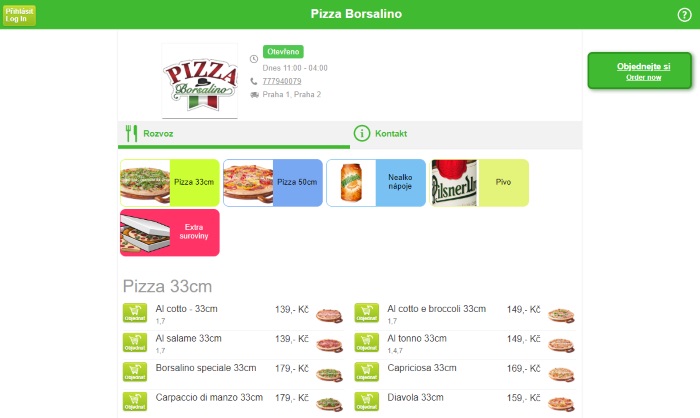 Objednávání rozvozu jídel online v Pizza Borsalino Praha