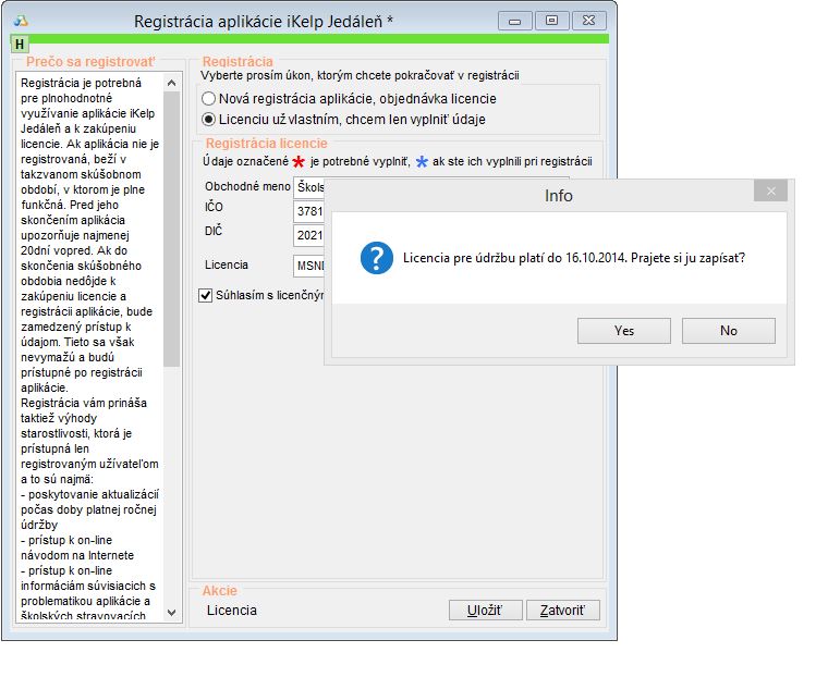 Zobrazenie platnosti licencie a aplik&aacute;cii iKelp Jed&aacute;leň