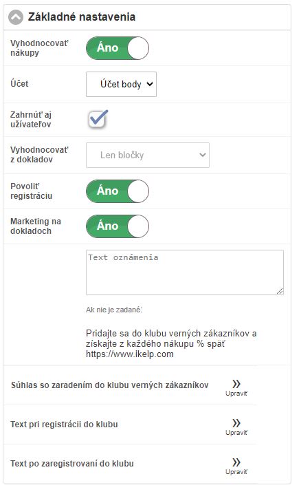 Formulár základných nastavení klubu verných zákazníkov Formulár základných nastavení klubu verných zákazníkov