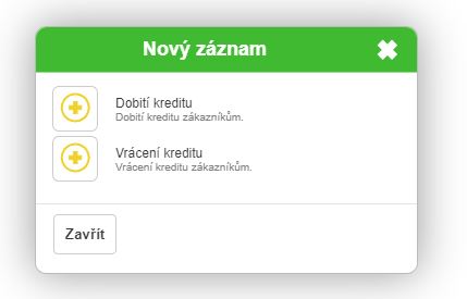 Nový záznam pro dobití nebo vrácení kreditu