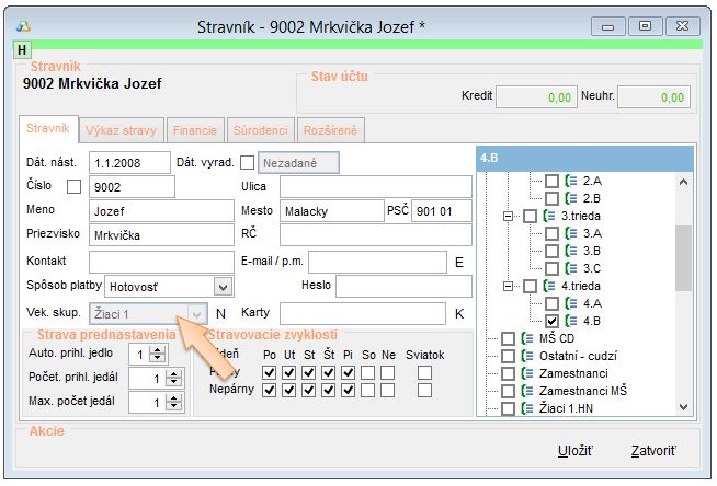 Zobrazenie nastavenia vekovej skupiny na stravn&iacute;kovi.