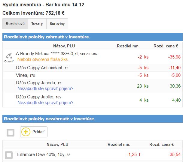 Záložka Rozdielové vo vyhodnotení inventúry Záložka Rozdielové vo vyhodnotení inventúry