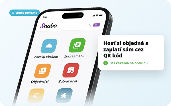Aplik&aacute;cia Snabo v mobile: hosť si objedn&aacute; a zaplat&iacute; s&aacute;m cez QR k&oacute;d, bez čakania na obsluhu