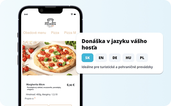Online menu don&aacute;&scaron;ky v mobile hosťa s v&yacute;berom jazyka: slovenčina, angličtina, nemčina, maďarčina a poľ&scaron;tina