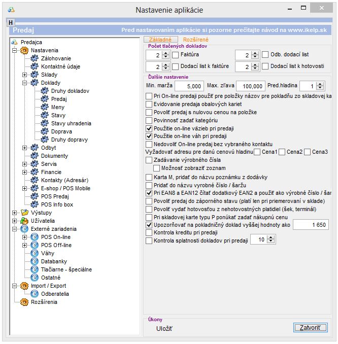 Nastavenia dokladov - Doklady - Predaj, Základné